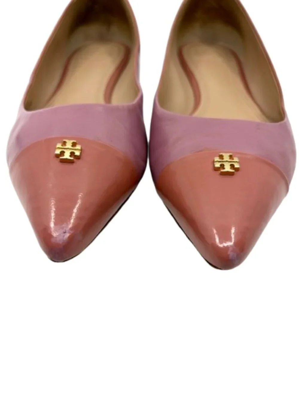 TORY BURCH~Fairfield~POINTED TOE CALF LEATHER BALLET FLATS Pink & Mauve Sz 8.5
